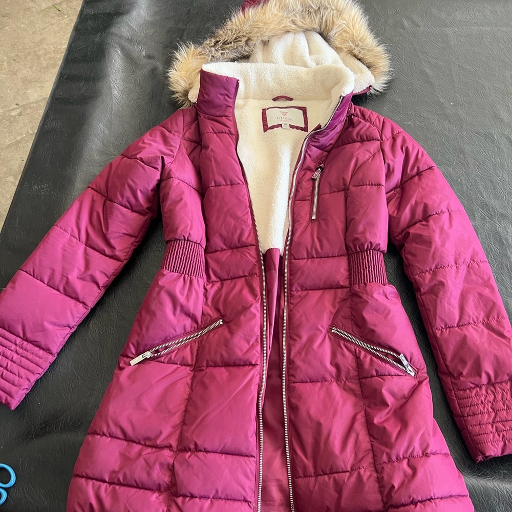 Guess Magenta Puffer Jacket with Faux Fur Hood